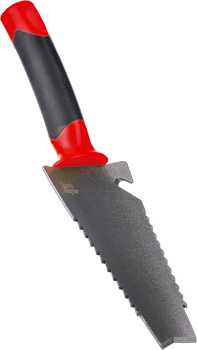 Root Slayer 17011 Garden Trowel with Holster for Digging, Planting, and Root Cutting, Serrated Steel Blade, Red