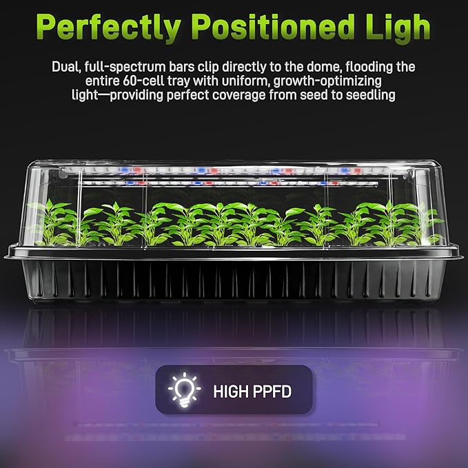 60-Cell Seed Starter Tray with Grow Light, Seedling Starter Trays with 4.08" Humidity Dome, Self-Watering Plant Germination Trays,Seed Starter Kit for Seeds Growing (Black)
