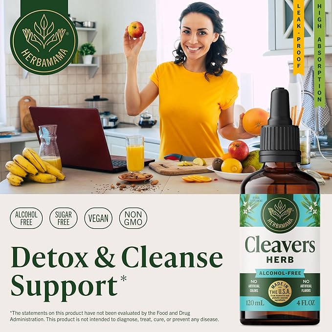 HERBAMAMA Cleavers Herb Tincture - Vegan Natural Detox & Cleanse Support with Cleavers Leaf Extract Drops - Non-GMO, Alcohol & Sugar-Free Liquid Herbal Supplement, 84-Day Supply