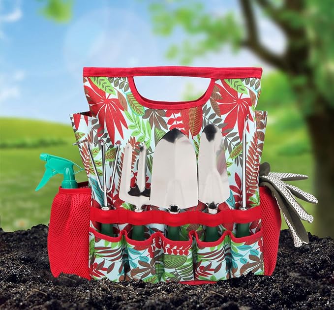 9-piece Garden Tools Set with Gloves and Floral Tote Bag - Gardening Hand Tools Kit with Storage Bag, Gifts for Women