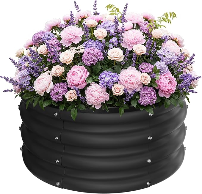 ZXZYHFTY Raised Garden Bed, 0.6 mm Galvanized Steel Round Planter Box with Open Bottom, Black, 2 x 2 x 1 FT, 1 Pack