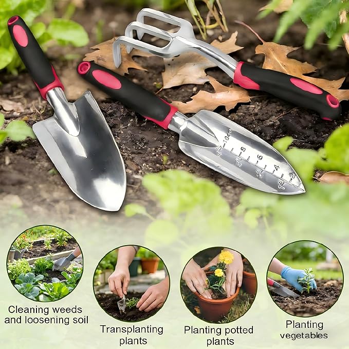 Garden Tools Set, 3-Piece Heavy Duty Gardening Hand Tools, Rust-Proof Cast Aluminum Construction with Soft Non-Slip Rubber Grips, Ideal for Digging, Planting, Weeding & Transplanting (Purple)