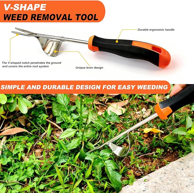 3-Piece Garden Weeder Tool Set, Rubber Grip Hand Weeder, 4-Tine Uprooting Puller & Crevice Weeder, Portable Weeding Artifact for Backyard, Vegetable Garden & Farm