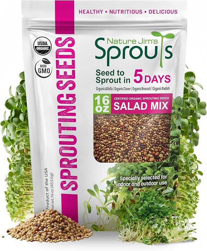 Nature Jims Sprouts Organic Salad Mix – Non-GMO Microgreen Seeds for Growing – Healthy Broccoli, Alfalfa, Radish & Clover Sprouting Variety Blend – Microgreens & Sprouts Seeds for Home Gardening – 1lb
