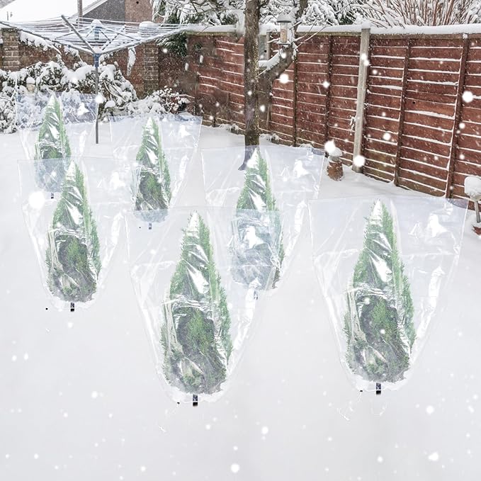 ANPHSIN 6 Pcs Winter Plant Cover Freeze Protection - 24" x 32" Plastic Plant Frost Bags with Drawstring, Transparent Waterproof Plant Shelter Coverings for Outdoors Garden Potted Plants