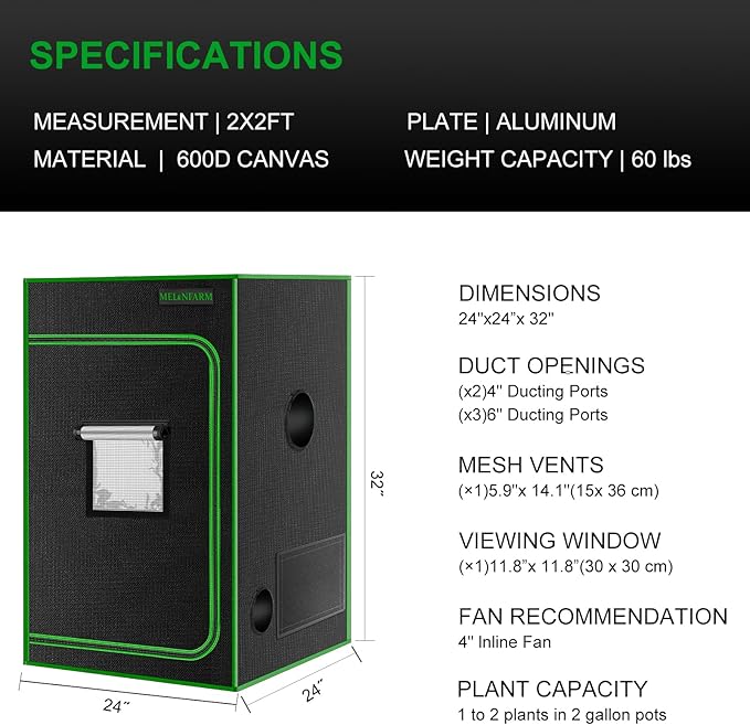 MELONFARM 2x2 Grow Tent, 24"x24"x36'' High Reflective 600D Diamond Mylar Canvas with Observation Window and Floor Tray for Hydroponic Indoor Plant Growing