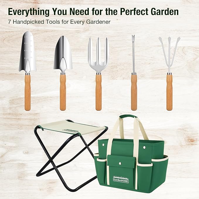 GardenHOME 7-Piece Green Gardening Tool Set – Stainless Steel Tools with Wooden Handles, Folding Stool & Canvas Tote, Durable Garden Kit for Every Gardener