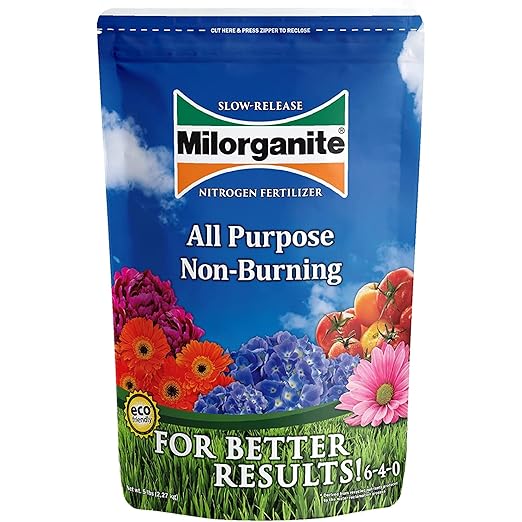Milorganite All-Purpose Eco-Friendly Slow-Release Nitrogen 6-4-0 Fertilizer, 5 Pound Bag - for Lawns, Flowers and Gardens