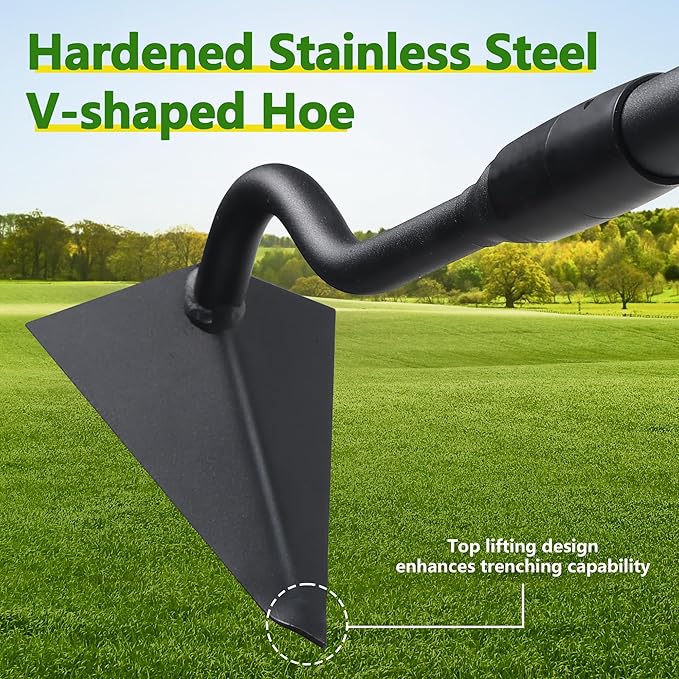 Hoe Garden Tool, Triangle Garden Hoe for Digging Cutting Trenches Loosen Soil Heavy Duty Hand Weed Hoe Long Handle 59 Inch