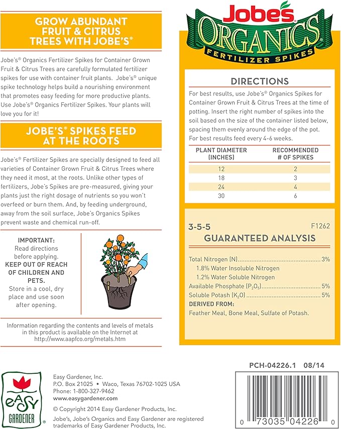 Jobe’s Organics Garden Fertilizer Spikes, Easy Plant Care Fertilizer for Fruit and Citrus Plants and Trees, 6 Count