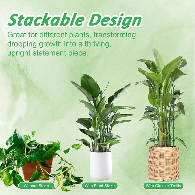 10 Pack Stackable Plant Support Stakes & Adjustable Circular Trellis, Garden Trellis for Climbing Plants Indoor and Outdoor Use, Garden Accessories for Monstera, Pothos, Tomato