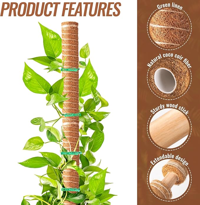 6-Piece 12-Inch Totem Poles with 12 Adjustable Plant Twist Ties - Coir Moss Stick for Creepers, Climbing Plants