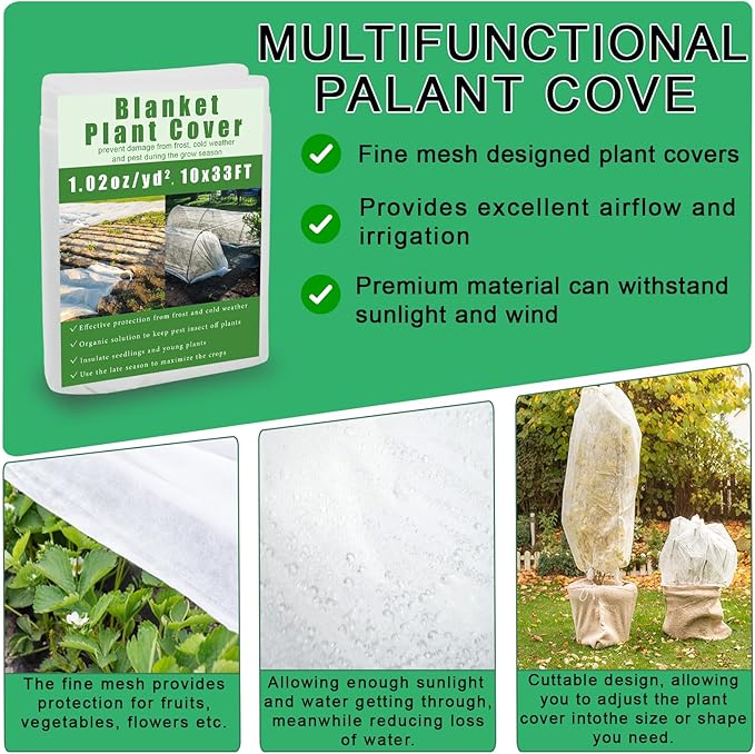 Plant Covers Freeze Protection, 10x33ft Reusable Frost Blanket, Non-Woven Winter Plant Cover for Outdoor Plants, Vegetables,Flowers, 1 oz/yd² Frost Cloth for Cold Weather Snow