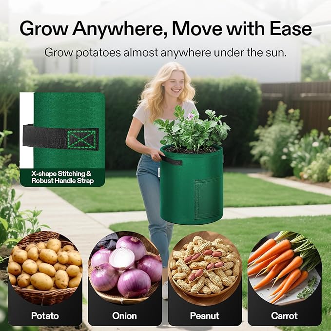 VIVOSUN 5-Pack 10 Gallon Potato Grow Bags for Growing Potatoes, Fabric Potato Pots with Handle and Roll-up Window, Potato Growing Containers Potato Planter Potato Planter for Growing Potatoes, Green