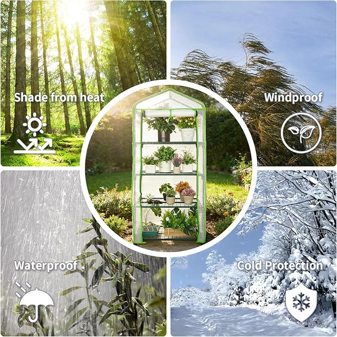 Mini Greenhouse for Indoor Outdoor, Small Plants Green House with 4 Tier Shelves, Portable Plastic Greenhouses with Durable PE Cover for Garden Backyard Patio Balcony Porch (White)