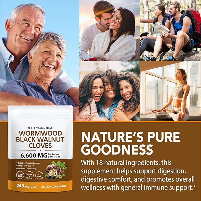 18-in-1 Wormwood Black Walnut Clove Herbal Softgels, 6600mg Serving, Rapid Gut Cleanse & Digestive Health with Black Walnut Hull, Wormwood, Clove, Garlic, Oregano, Pumpkin Seed, Easy-to-Swallow