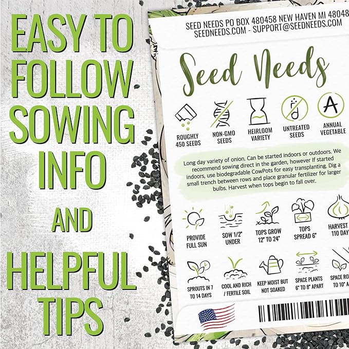 Seed Needs Onion Seeds for Planting White Sweet Spanish Long Day Onions - Non-GMO Heirloom & Untreated Vegetable Seeds to Plant an Outdoor Home Grown Veggie Garden (2 Packs)