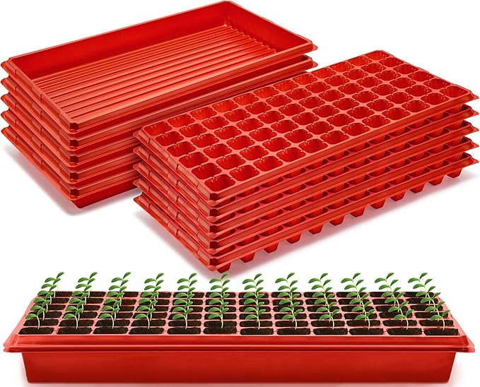 Romooa 10 Pcs Seed Starter Kit 72 Cell Seedling Starting Trays and 1020 Trays No Holes Plant Growing Nursery Pots for Gardening Germination Propagation (Brick Red)