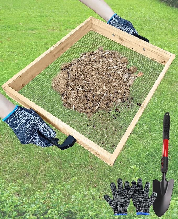 19" x 16" Large Soil Sifter for Gardening, Wooden Compost Sifter, Dirt Sifter, Rock Sifter, Soil Sieve with 1/4in Sifting Screen, Sifting Peat Moss Gravel for Wheelbarrow Trowel Tool Set
