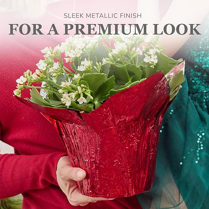 4.5” STD Plant Pot Covers, Decorative Plant Sleeve for Indoor & Outdoor House Plants, Reusable and Gift-Ready Foil Wrap for Flower Pots, Red Metallic, Pack of 5