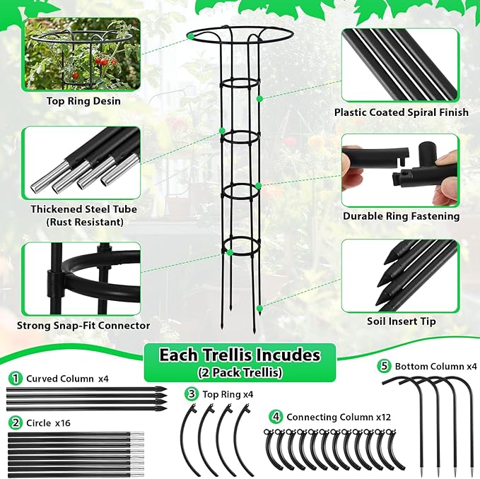 2 Pcs 63 Inch Garden Obelisk Trellis for Climbing Plants Outdoor, Mushroom Top Flower Trellis Rustproof Metal Tomato Trellises for Potted Plants Rose Climbing Vine Tomato Cucumber Grape