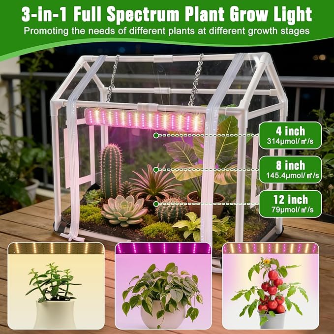 Mini Greenhouse with Grow Light for Indoor, PVC Planting Tent with Waterproof Mat & Zipper Door,15W Full-Spectrum LED Plant Grow Light and Timer for Seed Starter Tray for Indoor and Outdoor Plants
