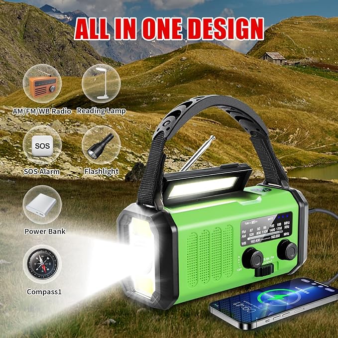 Leaton Hand Crank Emergency Radio, 10000mAh Solar Powered NOAA/AM/FM Weather Radio with Multi-Function LED Flashlight and Cell Phone Charger for Indoor/Outdoor Emergencies
