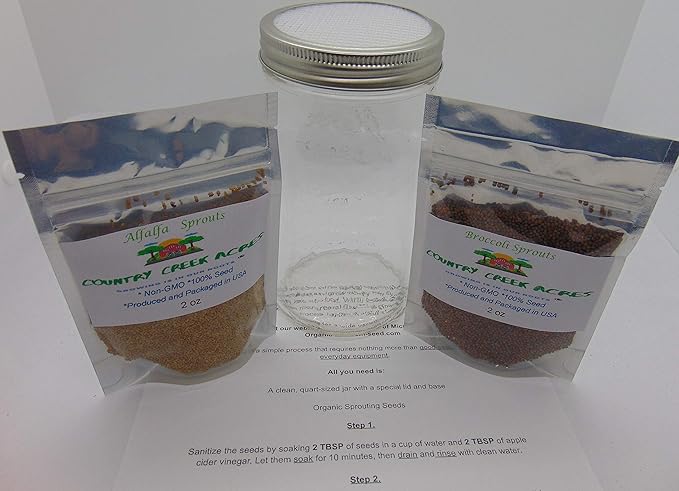 Sprouting Kit with 2 Sprout Screens, Alfalfa Seeds, Broccoli Seeds, Information Sheet All About Sprouts, Directions