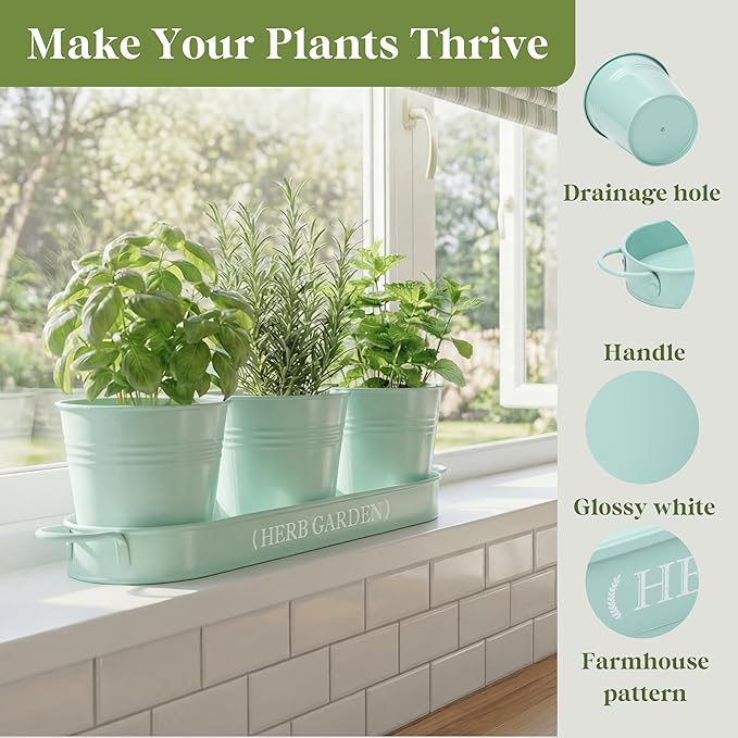 PERFNIQUE Indoor Herb Garden, Herb Planter for Indoor/Outdoor, Farmhouse Plant Pots, Windowsill Herb Garden with Tray(Planter only) Window Pots