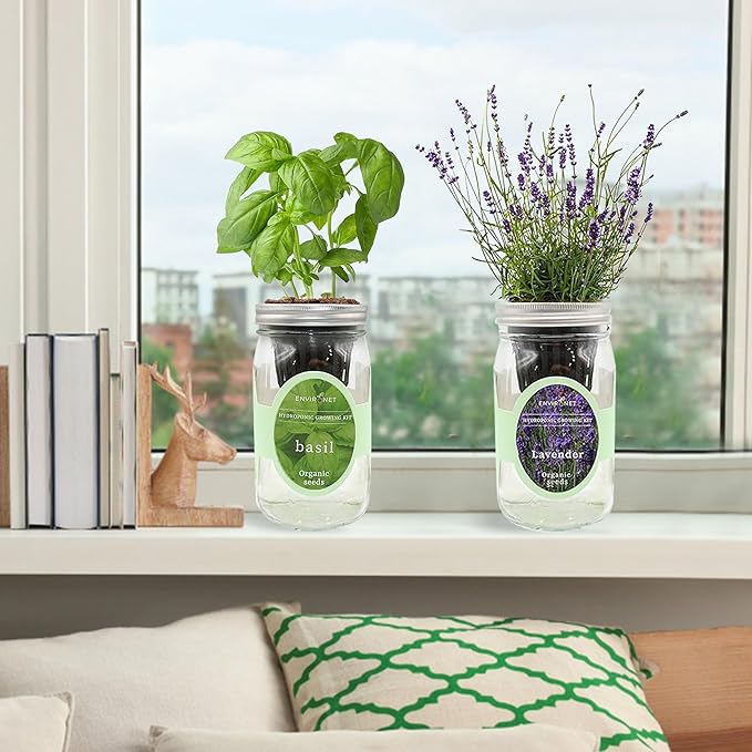 2-Pack Hydroponic Mason Jar Herb Garden Kit, Indoor Herb Garden Self-Watering Starter Kit (Basil,Lavender)