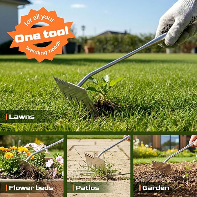Upgraded Weed Puller Tool, 4-Tooth Stainless Steel Manual Weeder, Garden Weed Remover Tool for Vegetable Gardening Backyard Farm Planting & Weeding