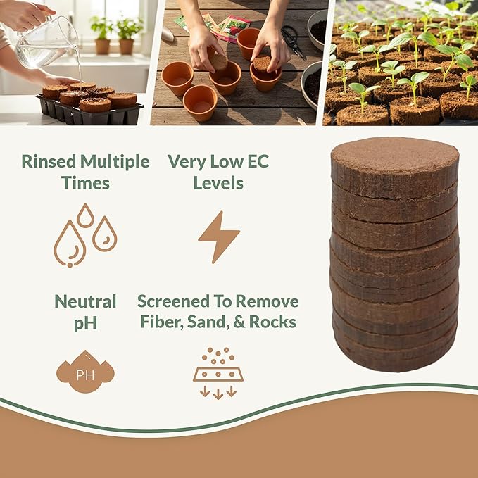 Coco Coir Discs (50mm, 50-Pack) - Organic Coconut Disc for Plants - Seed Starting Discs - Seedling Soil for House Plants, Potting Soil, Indoor Gardens - Organic Coco Coir - Compressed Coconut Pellets