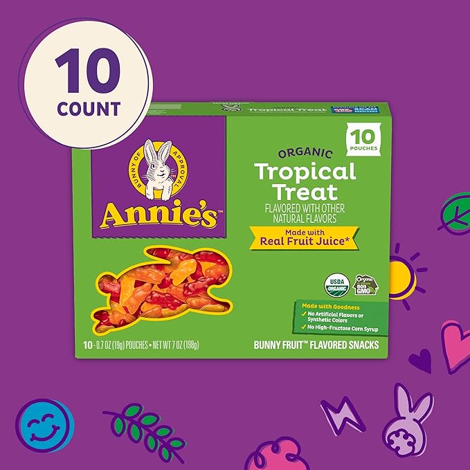 Annie's Organic Bunny Fruit Flavored Snacks, Tropical Treat, Gluten Free, 10 Pouches, 7 oz