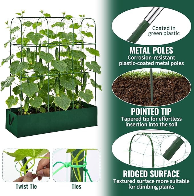 Cucumber Trellis with Raised Garden Bed Metal U-Frame Plant Support with Grow Bags and Climbing Net Garden Trellis for Climbing Plants Cucumber Vegetable Tomato Grape Pea, 50.4 × 17.7 × 51.2 Inch