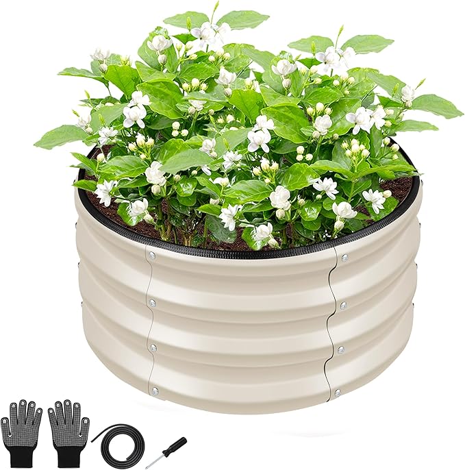 ZXZYHFTY Raised Garden Bed, 0.6 mm Galvanized Steel Round Planter Box with Open Bottom, White, 2 x 2 x 1 FT, 1 Pack