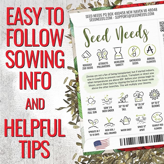 Seed Needs Zinnia Seeds for Planting Scarlet Flame Zinnias - Heirloom & Open Pollinated Annual Cut Flowers Perfect for Bouquets - Plant a Wildflower Butterfly Garden (2 Packs)