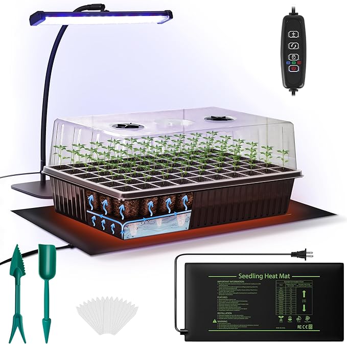 60-Cell Self-Watering Seed Starter Kit with Grow Light and Heat Mat, Seedling Tray with Humidity Dome, Indoor Plant Germination Tray for Beginners - Grow Tomatoes, Peppers, Herbs & Flowers