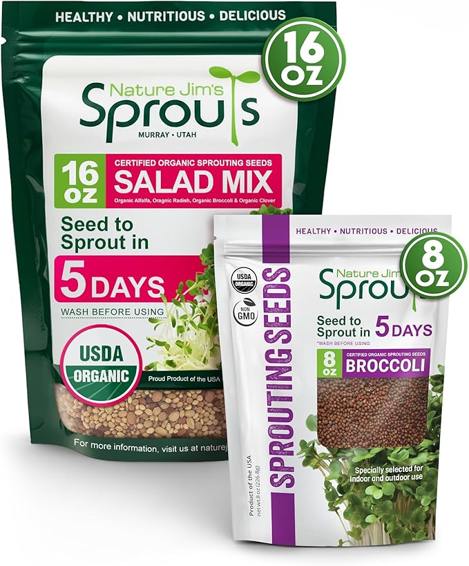 Nature Jims Organic Broccoli Sprout Seeds and Organic Salad Mix Seeds, Microgreens Variety for Healthy Indoor or Outdoor Growing, Nutritious Mix for Home Garden - 8oz + 1lb Bundle