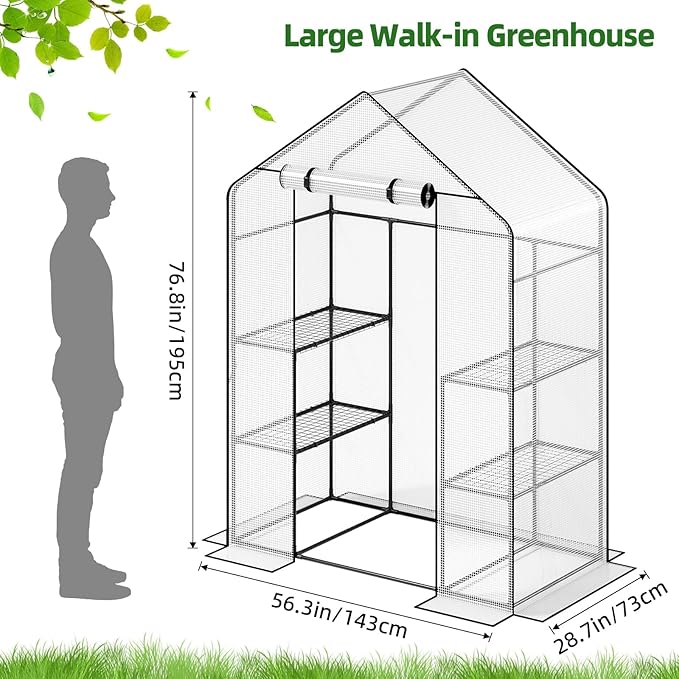 Superlele Walk-in Greenhouse for Outdoor, 56x29x77 Inch Portable Garden Green House with 6 Tiers (3 Tiers Each Side), Reinforced White PE Mesh Cover, 4 Ground Stakes for Stability, Zippered Door
