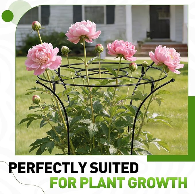 1 Pack Metal Peony Plant Support Cage,32.2" H x 19.2" D Grow Through Flower Support with Wide Top Ring,Bouquet Shape Flower Cage for Peonies Roses and Top-Heavy Blooms