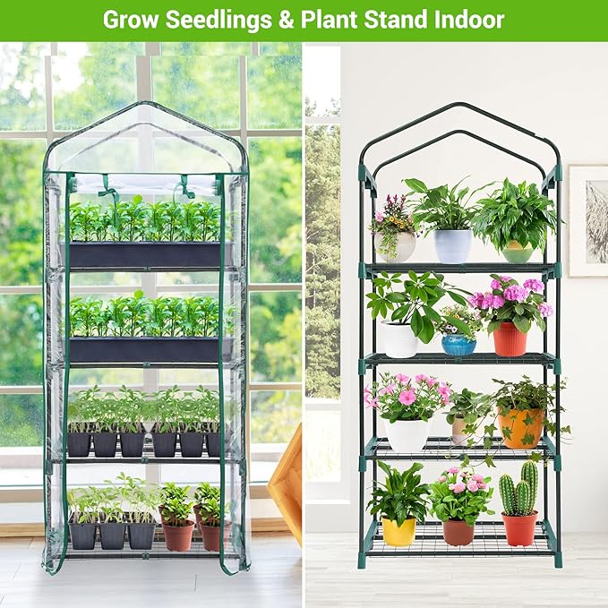 Mini Greenhouse for Outdoors Indoor: 27 x 19 x 62-Inch Ohuhu Small Green House with 4 Tier Shelves, Portable Plastic Greenhouses with Heavy Duty Transparent PVC Cover for Seedling Patio Porch Balcony