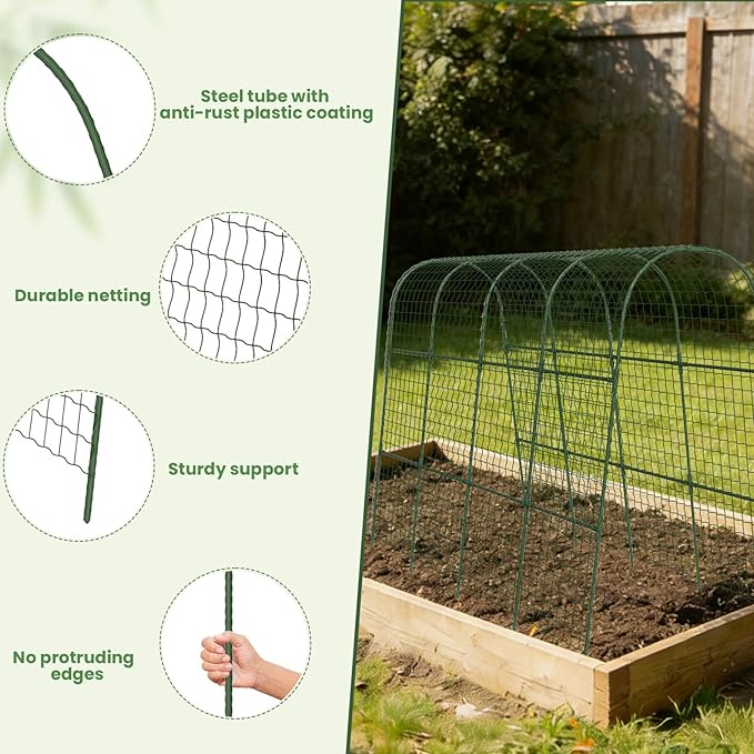 Cucumber Trellis, Metal Garden Arch Trellis for Raised Bed, 63 x 48inch U-Shape Garden Trellis for Climbing Plants Outdoor, Vegetables Fruit Plant Support with Netting, Gardening Supplies (Green)