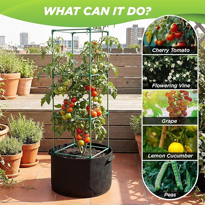 2 Packs Tomato Cages with Grow Bags 15 Gallon Planter Bags 48" Tomato Trellis for Garden Heavy Duty Plant Support Stakes for Vegetables Climbing Plants