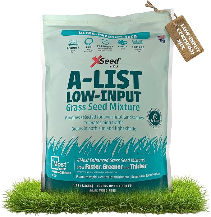 A-List Low Input Mixture Lawn Seed - Premium Grass Seeds for Lawn Repair Over Seeding and Thickening Ideal for Low Maintenance Drought-Resistant Lawn for High Traffic Sun and Light Shade Mix, 3 Pounds