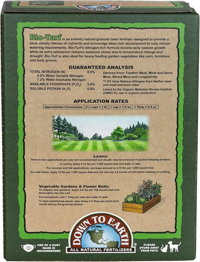 Down To Earth All Natural Fertilizers Organic Bio-Turf Lawn Food for Grass, Landscape and Ornamentals - Works with Lawn Spreaders 8-3-5, 4 lb