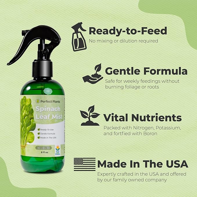 Spinach Leaf Mist Fertilizer by Perfect Plants | Liquid Plant Food Spray for Indoor and Outdoor Potted Vegetable Gardens | Balanced NPK Nutrients (8 fl oz)