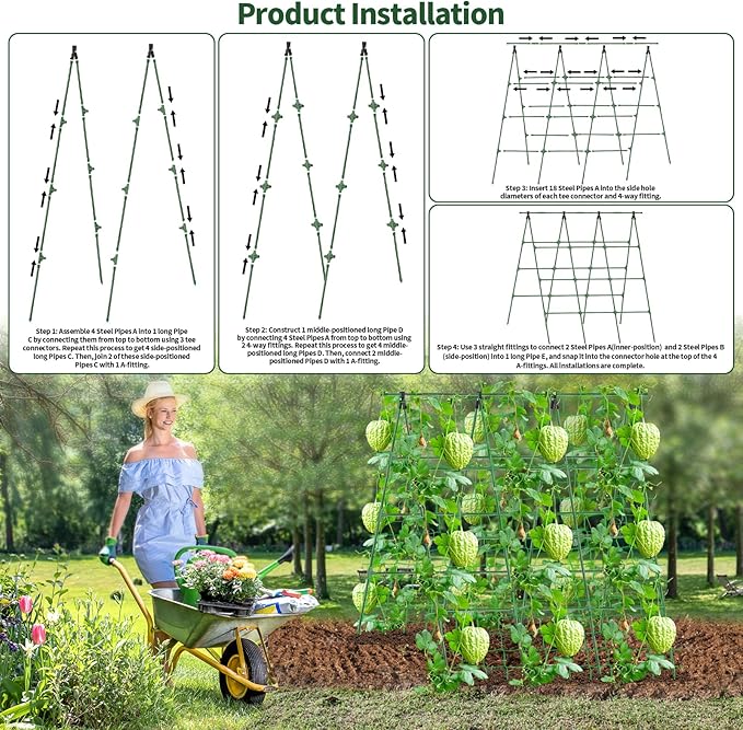 A-Frame Cucumber Trellis for Raised Bed - 63”H x 47”W, Heavy-Duty Detachable Garden Trellis with Netting & Clips, Support for Climbing Outdoor Cucumber, Tomatoes, Luffa, Bitter Melon, Vining Flowers
