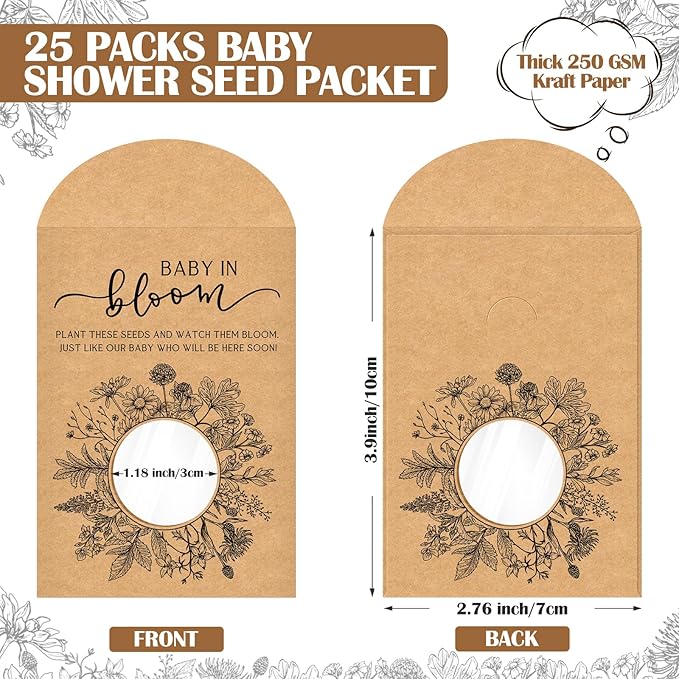 Fumete 25 Pack Baby Shower Party Favor Baby in Bloom Packet Kraft Bags with Window Envelopes Resealable Organizer Storage Bag for Gender Reveal Party Favors(Plant)