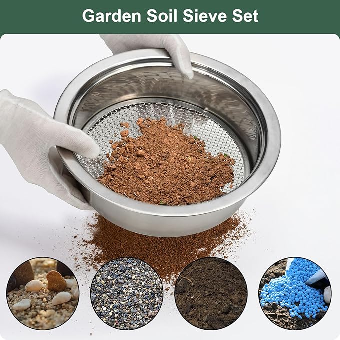 Soil Sifter Garden Soil Sieve Stainless Steel Sieve Set, with 3 Interchangeable Filter Mesh-3,6,9mm Sieve for for Dirt, Sand, Rock, Filtration, Compost