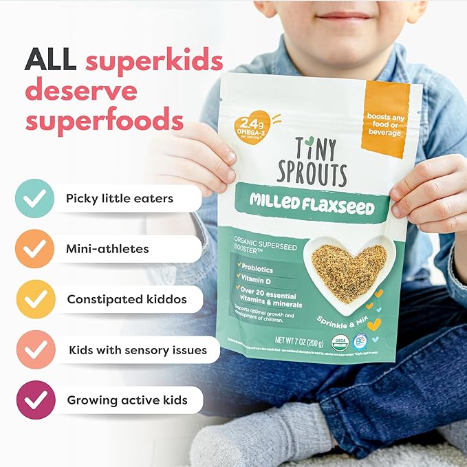 Tiny Sprouts Organic Milled Flaxseed + Full Serving Probiotic + Vitamin D3 | Kids Superfood Nutrition Booster for Brain, Gut & Immune Health | Omega-3, Prebiotic Fiber, Calcium, Protein | Gluten-Free, Plant-Based Superseed Blend | 7 oz